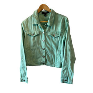 FOREVER 21 Mint Stretch Cropped Button Up Jean Jacket Coat L
